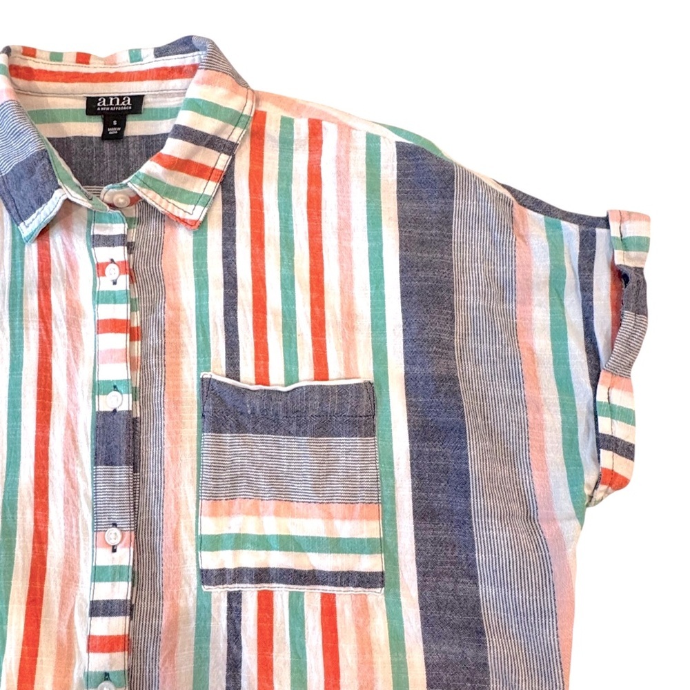 a.n.a A NEW APPROACH Sz S Striped Button Front Short Sleeve Cotton/Rayon Shirt - Picture 6 of 10